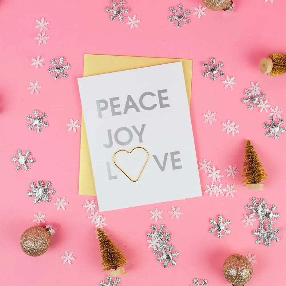 Peace Joy Love Letterpress Card with Heart Paper Clip