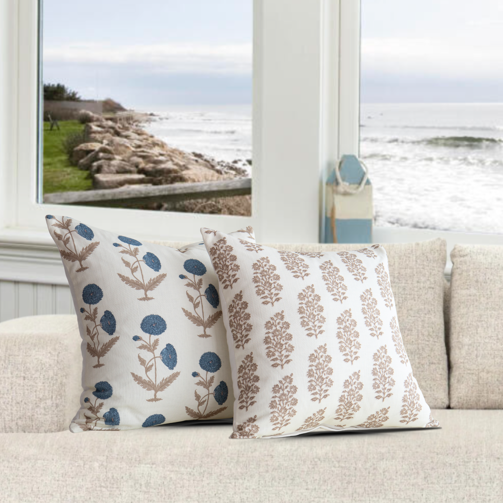 Daisy Blue Floral Block Print Pillow Cover