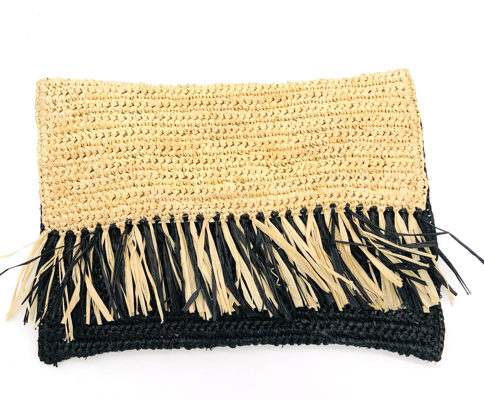 Coco Crochet Straw Clutch with Raw Fringe Trim