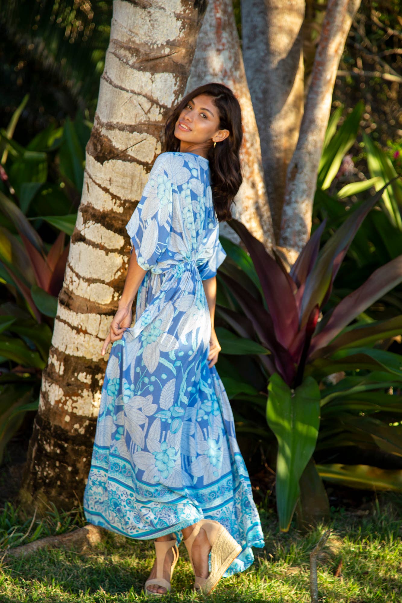 Premium Beach Cover-up Amy Kimono Maxi Dress in Kauai Blue Hawaiian