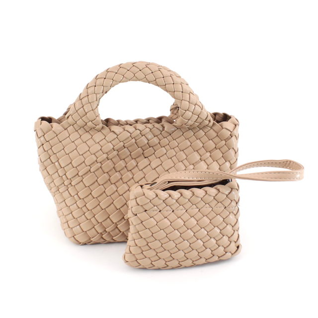 Small Woven Tote Crossbody Bag w/Cosmetic Pouch