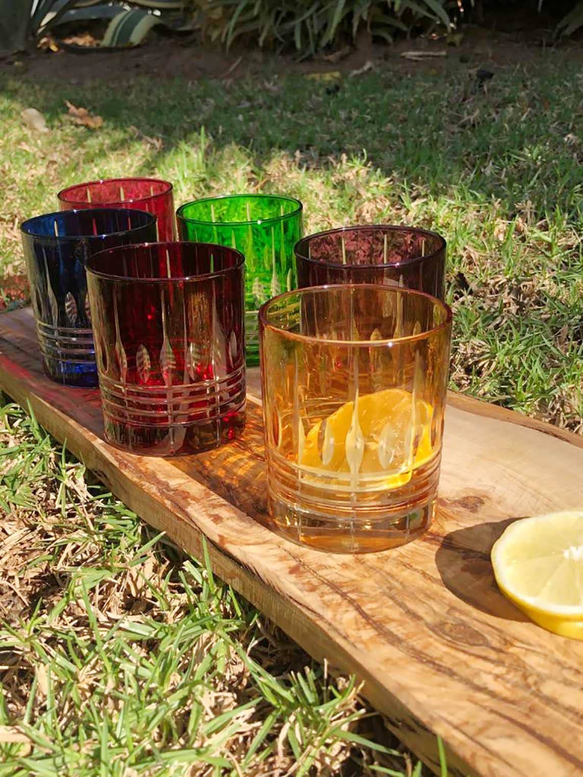 Colored Glasses w Carved Drops- Set of 6