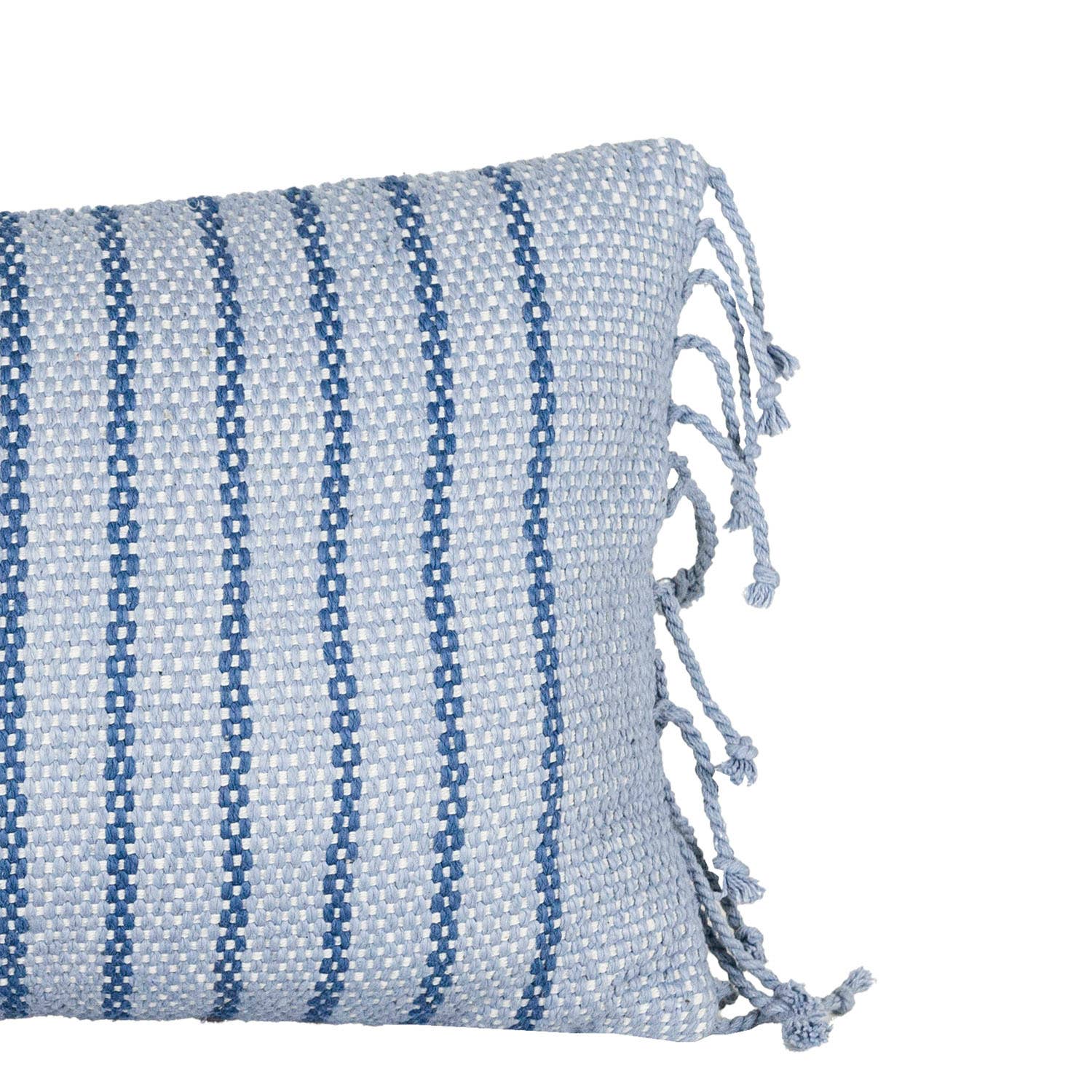 Hand Woven Blue Striped Pillow With Fringe Edge