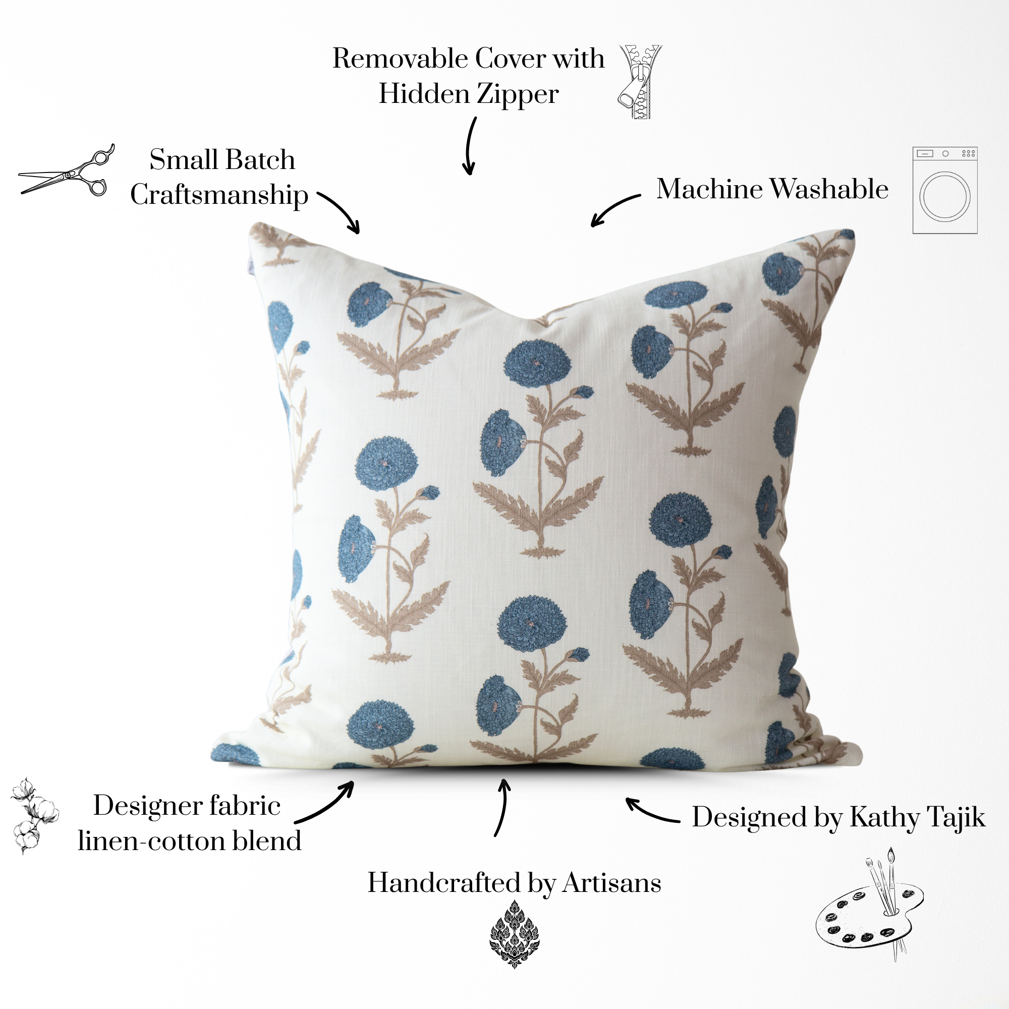 Daisy Blue Floral Block Print Pillow Cover