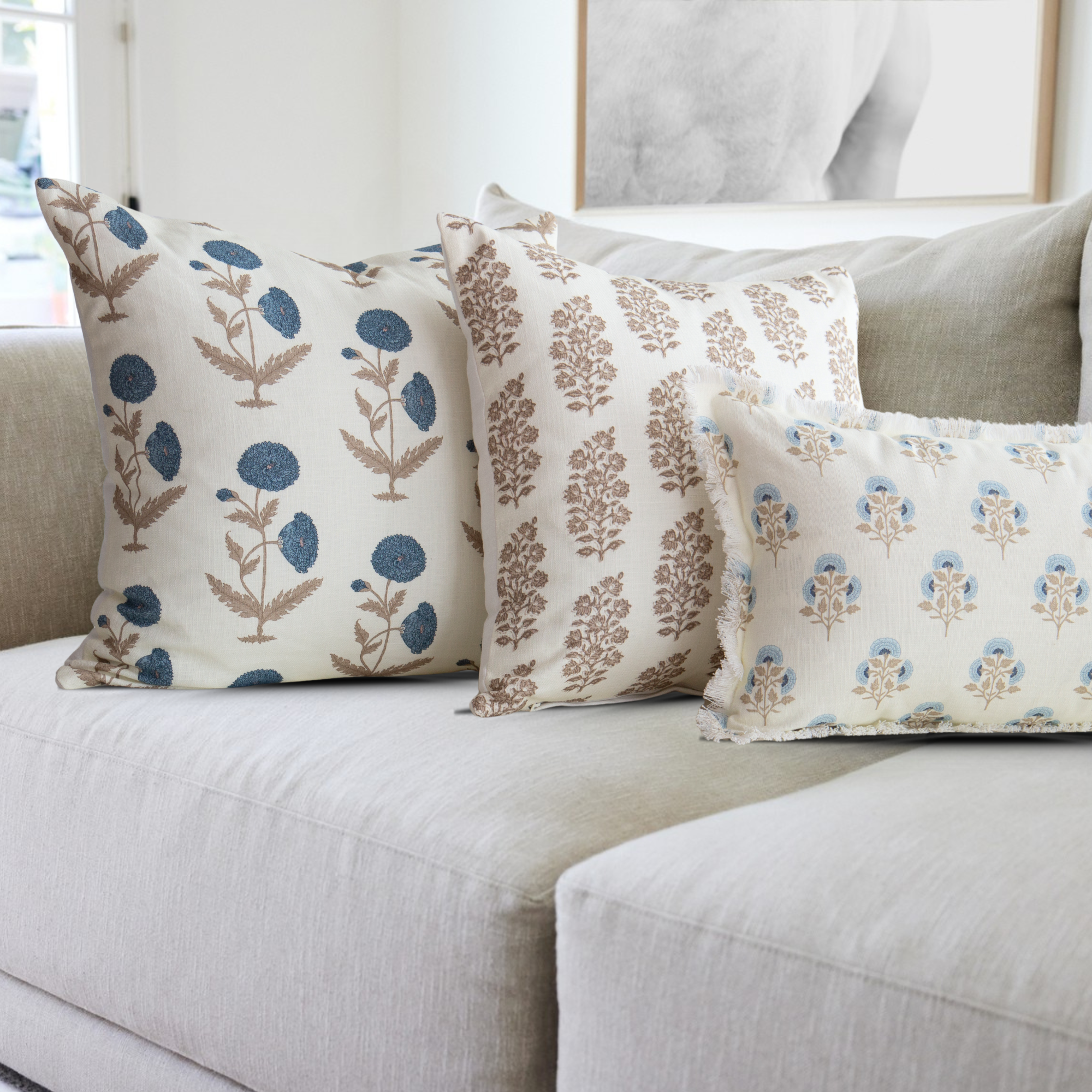 Daisy Blue Floral Block Print Pillow Cover