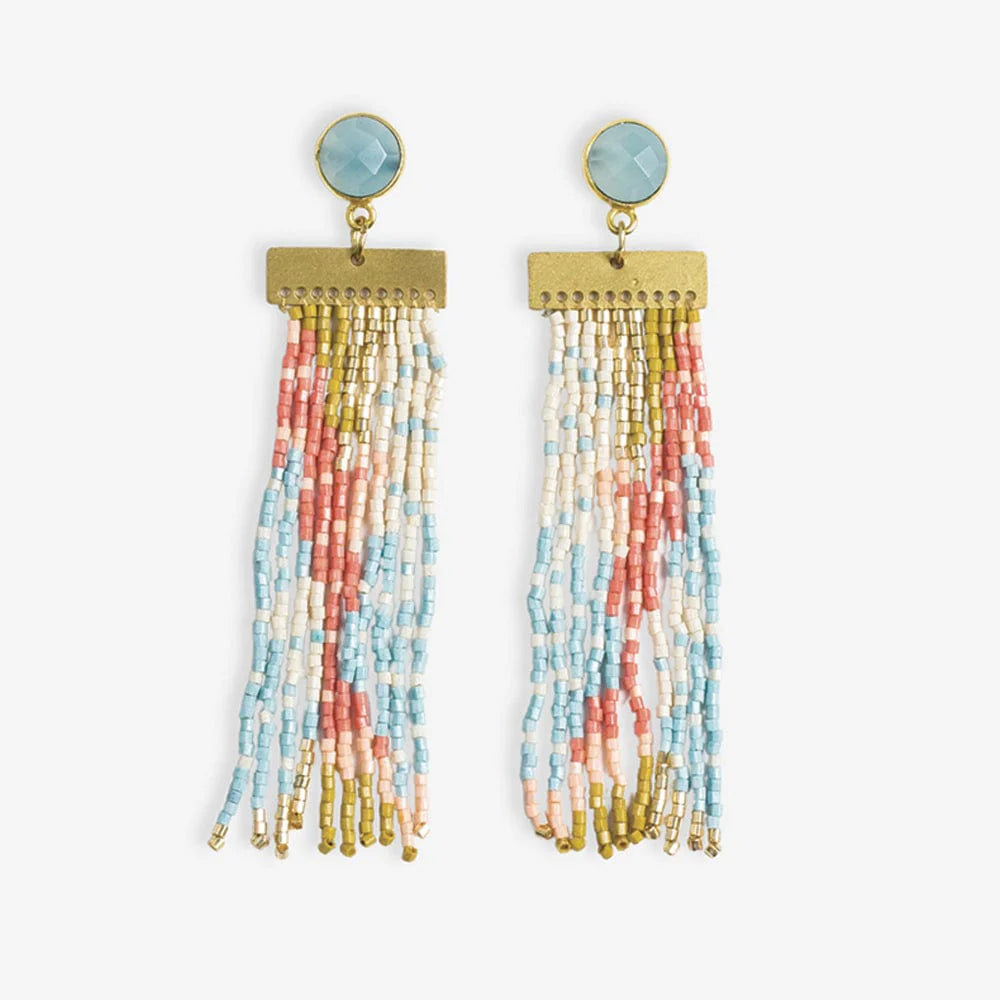 Semi-Precious Stone Post Beaded Fringe Earrings