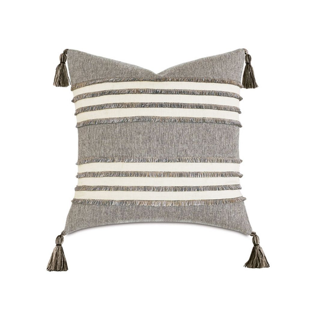 White and Brown Fringe Stripe Pillow with Tasseled Corners